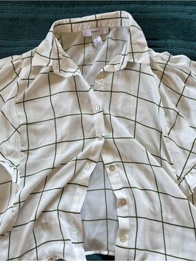 New Forever 21 White Blouse with Olive Grid